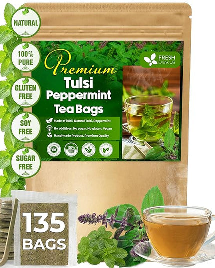 FreshDrinkUS, Premium Tulsi Peppermint Herbal Tea – 135 Tea Bags, 100% Natural, Blend of Tulsi Holy Basil Leaves, and Peppermint Leaves. Made with Natural Material Tea Bags. No Sugar, Vegan.