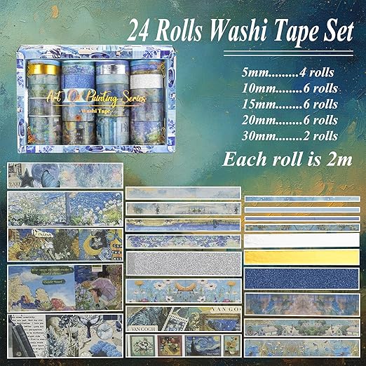 Sifaolp Washi Tape Set, 24 Rolls Vintage Washi Stickers, Assorted Sizes, for Junk Journal Scrapbook Tape, Bullet Journaling Scrapbooking Supplies, Planner Sticker DIY Craft DéCor (Blue)