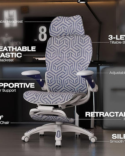 ELABEST X100 Ergonomic Mesh Office Chair with Footrest, Big and Tall Hone Desk Chair with 5D Flip-Up Arms, Adjustable 3D Lumbar Support,Gaming & Executive Computer Chairs for Long Hours
