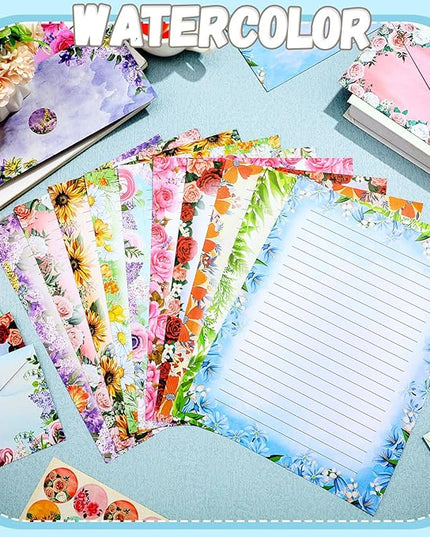 TaoBary 160 Pcs Stationery Paper Set 50 Double Sided Stationery Papers with 50 Matching Envelopes and 60 Round Dot Sticker, 10 Design(Flower,8.5 x 11 Inch)