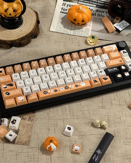 Orange and Black Key Caps - Cute Cherry Profile PBT Keycap, Dye Sublimation Halloween Key Caps for Ergonomic Keyboard, 130 Keys
