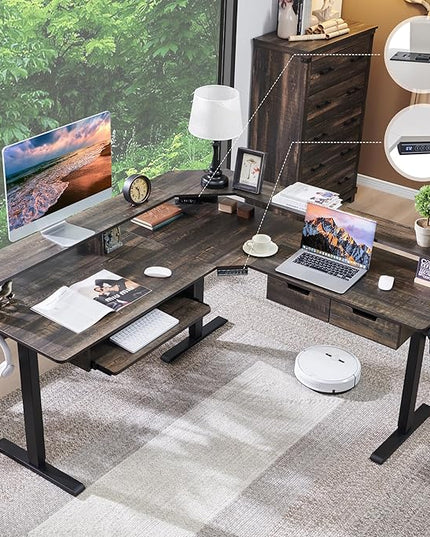 RedLemon 60 Inches L Shaped Electric Standing Desk,Height Adjustable Corner Gaming Desk with Drawers, Keyboard Tray, Power Outlets & LED Lights, Computer Desk with Monitor Shelf, Dark Rustic Oak