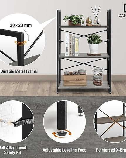 CAPHAUS 3 Tier Small Bookshelf, 24 Inch Width Free Standing Shelf, Bookcase Shelf Storage Organizer, Industrial Book Shelves for Home Office, Living Room, Dark Grey Shelves & Metal Frame