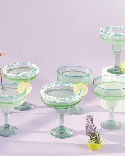 MyCajita Mexican Glassware, Aqua Rims 16oz Margarita Glasses, Set of 6 Unique Hand Blown Glass, Handcrafted by Talented Artisans Thick & Sturdy Easy to hold