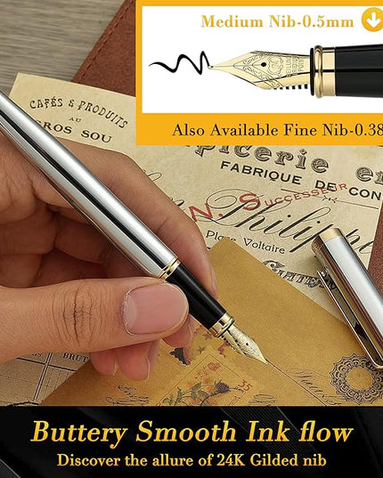 BEILUNER Silver Chrome Fountain Pen,Stunning Luxury with 24K Gold Accents, Gorgeous 24K Gilded Nib(Medium), Fancy Pen Gift for Men&Women -Ink Converter-Elegant, Office,Nice Pen for Writing