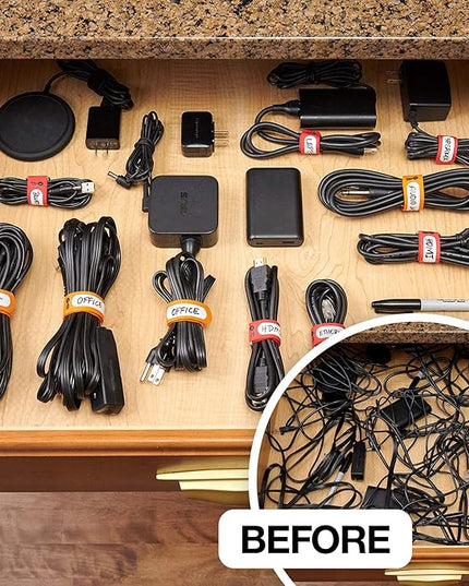 Wrap-It Storage Cinch-Straps, 8-in (18-Pack) Black - Hook and Loop Strap with Write on Label for Easy Cord Identification and Cable Management