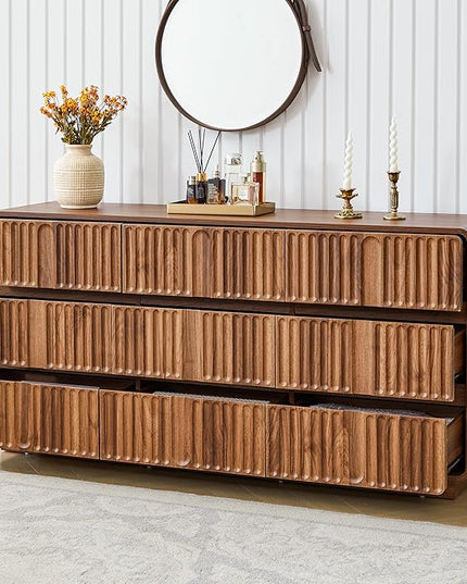 Fluted 9 Drawer Dresser for Bedroom, 60" Wide Modern Chest of Storage Drawers, Wood Dresser & Chest of Drawers with Curved Corners, Dressers TV Stand for Living Room (60" Walnut 9 Drawer)