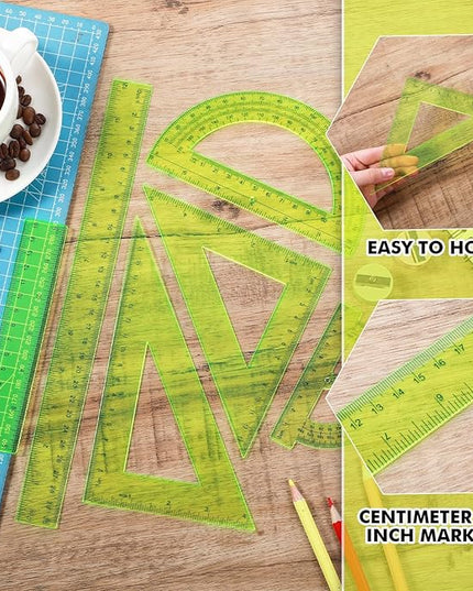 Tenare 6 Pcs Plastic Ruler Math Set Includes 12 Inch 6 Inch Straight Protractor Triangle Geometry Transparent Math Ruler Measuring Tools for School Office Home(Yellow)