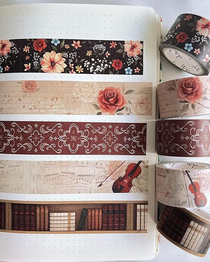 WT Academia Washi Tape Set, 5 Rolls, Original Designs, Vintage Floral Decorative Masking Tape, DIY Crafts, Bullet Journals, Planners, Scrapbooking, Journals Gifts, Adhesive Wrapping Tape, Paper Tape