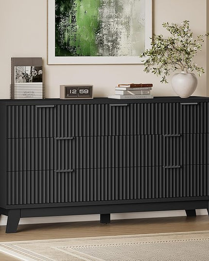 BORNOON 57" Long Dresser for Bedroom, 7-Drawer Fluted Chest, Wide Wood Storage Dresser with Metal Slides and Handles, Stable Base, Modern Clothes Organizer for Primary Suite, Guest Room, Nursery