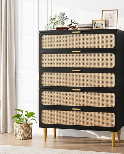 Garvee Rattan Dresser with 5 Drawers, Tall Modern Closet with Deep Storage, Large Chest of Drawers with Wide Top, Long Wooden Dresser for Bedroom, Living Room, Hallway, Kids Room, Black