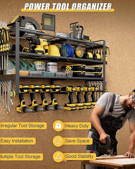 Power Tool Organizer Wall Mount, 4-Tier Tool Storage Rack with 8 Drill Holders, 400LBS Load Heavy Duty Cordless Tool Shelf for Garage Organization, Gift for Men