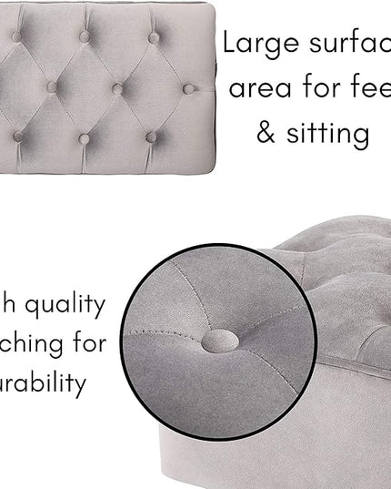 BIRDROCK HOME Tufted Rectangle Grey Ottoman – Velvet Foot Stool – Mid Century Modern Steel Legs - Soft Compact Padded Stool - Living Room or Bedroom – Vanity Chair - Decorative Furniture