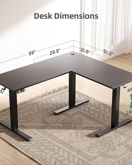 Claiks L Shaped Height Adjustable Electric Standing Desk with Dual Motors and Headphone Hook,59" Corner Sit Stand Desk with Memory Presets for Home Office & Gaming, Black