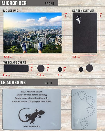 Mouse Pad Travel Size with Adhesive Bottom, Mini Mouse Pad Sticks to Any Surface, Plus Webcam or Camera Privacy Tab Covers and Screen Cleaner (View Point City)