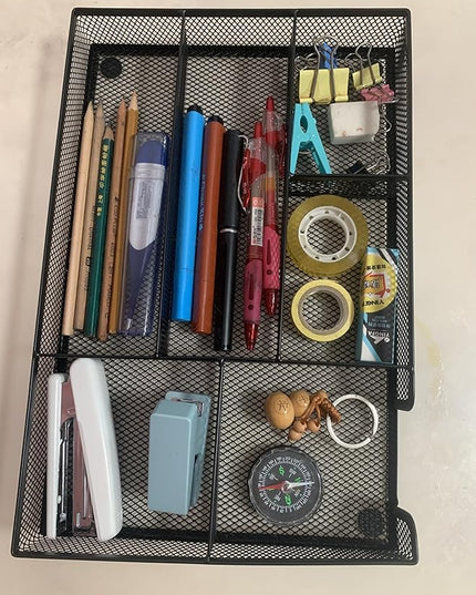 Desk Drawer Organizer tray, Mesh Drawer Organizer Tray for Office, School or Home Supplies Desktop Storage Stationery,bathroom,kitchen, 6 Compartments, 12.6 x 8.27 x 1.57 inch, Black