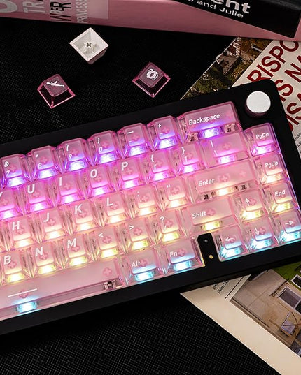 PBT and PC Material Key caps, Minimalist Gradient Pink Transparent Keycap, Crystal Custom Key Cap 160 Keys, Cherry Profile Keycap Set for Cherry Gateron MX Switches Mechanical Keyboard