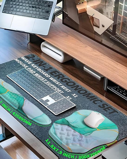 2-in-1 Ergonomic Set, Wave Keyboard Wrist Rest and Massage Slope Mouse Pad Wrist Support, Rebound Memory Foam for Relieve Carpal Tunnel Syndrome and Wrist Pain (Green Gold Marble)