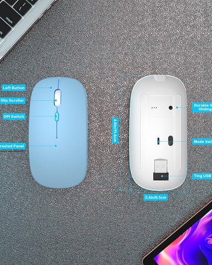 Wireless Bluetooth Mouse Rechargeable Laptop Mice with LED Use Portable(BT5.2 and USB 2.4G) Dual Mode Connection Silent Slim Computer Mouse for Laptop/iPad Tablet/Apple MacBook/PC(Blue)