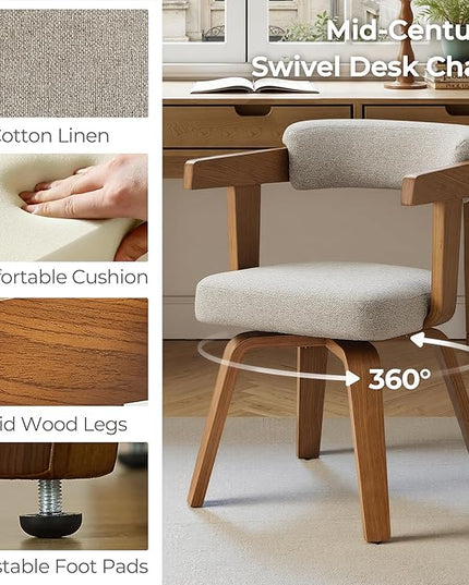 Fat Ant Office Chair No Wheels - Mid Century Modern Desk Chair, Fabric Upholstered Accent Arm Chair with Wood Legs for Small Spaces Home Office Living Room Bedroom Study, Grey/Walnut