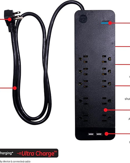 GE 37746 Ultra Pro Surge Protector 10 Outlets 4' Cord, Black