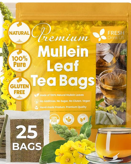 FreshDrinkUS, Premium 25 Mullein Leaf Tea For Lungs, Lung Detox For Smokers, Handmade, 100% Natural & Pure, Mullein Tea, No Sugar, No Caffeine, No Gluten, Vegan
