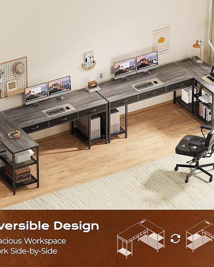 PRAISUN 63 Inch L Shaped Office Desk with Power Outlets and Type-C Port, Large Computer Gaming Desk with 3 Fabric Drawers, Mesh Shelves, Corner Study Work Writing Desk, Grey