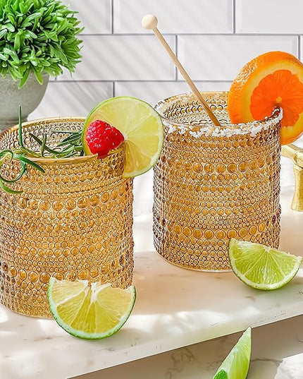 Kate Aspen Beaded Amber Drinking Glasses Set of 6-10 oz Vintage Glassware Set Jupiter Glasses, Cocktail Glass Set, Juice Glass, Water Cups Hostess Gift, Present, Gift for Newlyweds