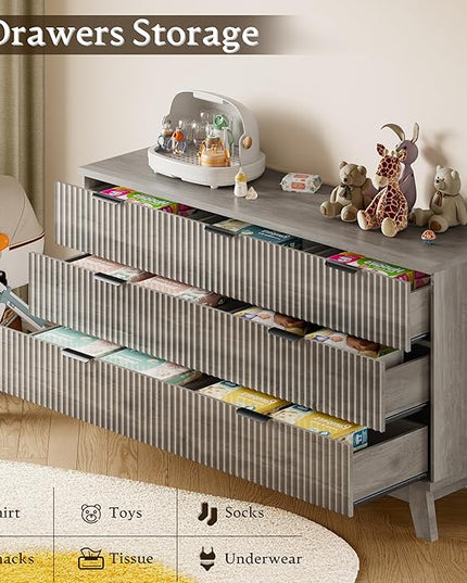 BORNOON 57" Long Dresser for Bedroom, 7-Drawer Fluted Chest, Wide Wood Storage Dresser with Metal Slides and Handles, Stable Base, Modern Clothes Organizer for Primary Suite, Guest Room, Nursery