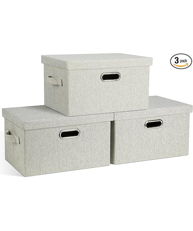 Medium 15" 21 Quart Collapsible Stackable Storage Bins with Lids, 3 Packs Beige Foldable Fabric Closet Boxes Heavy-duty Linen Cube Baskets Container for Bedroom Office (15 x 11 x 8)