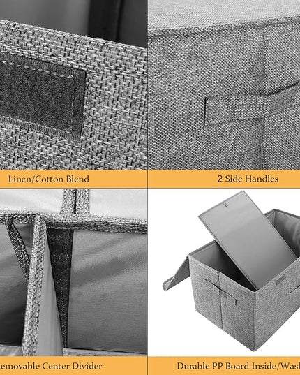 2 Pack Storage Boxes with Lids and Handles, Collapsible Linen Storage Bins Organizer Containers Baskets Cube with Removable Divider for Home Bedroom Closet Office (Red, Large)