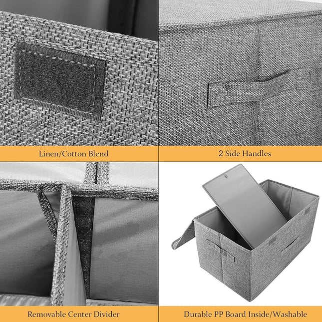 2 Pack Storage Boxes with Lids and Handles, Collapsible Linen Storage Bins Organizer Containers Baskets Cube with Removable Divider for Home Bedroom Closet Office (Khaki, Small)