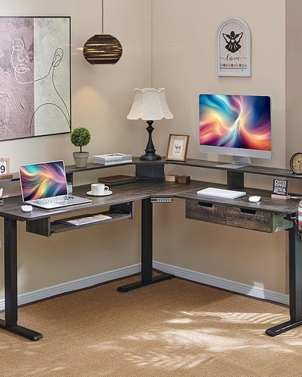 RedLemon L-Shaped Electric Standing Desk, 60 inches Motor Height Adjustable Sit Stand Corner Desk with Led, Large Home Office Desk Computer Workstation, Dark Rustic Oak