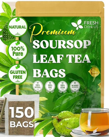 FreshDrinkUS, 150 Premium Soursop Graviola Leaf Tea Bags, 100% Natural and Pure, Hand-made, Made With Natural Materials-Corn Fiber Tea Bag, Sugar/Caffeine/Gluten Free, Hoja Guanabana Tea