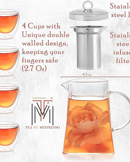 Mixpresso 5 Piece Glass Tea Pot Set, Kettle with Removable Infuser, Clear Glass Teapot 33oz With 4 Double Wall Cups 2.7oz Stovetop Safe Teapot For Loose Leaf Tea, Perfct As Tea Gift Sets.