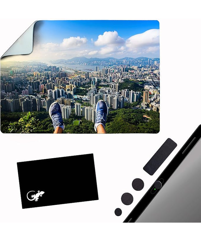 Mouse Pad Travel Size with Adhesive Bottom, Mini Mouse Pad Sticks to Any Surface, Plus Webcam or Camera Privacy Tab Covers and Screen Cleaner (View Point City)