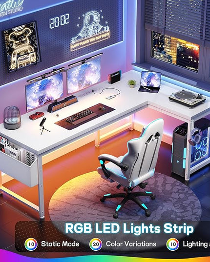 63 Inch L Shaped Desk with 0.95 Inch Thicker Desktop & Storage Bag, Computer Desk with Power Outlets & Lights, Reversible Desk for Home Office, Corner Desk, Study Room, Bedroom, White