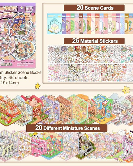 ASTARON 20 Sets DIY 3D Sticker Scene Book Sticker Therapy for Adults, Make Your Own Mini Cozy Shop House Room Stickers Cute Cartoon Miniature Stickers Relief Stress Pass The Time