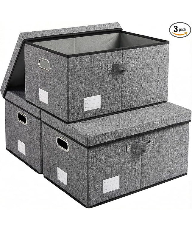 PRANDOM Storage Bins with Lids [3-Pack] Linen Fabric Foldable Storage Boxes Organizer Containers Baskets Cube with Cover Grey(23.4X15.9X11.4)