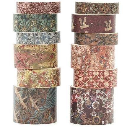 Songdao 12 Rolls Kyoto Charm Washi Tape Set Japanese Arts Adhesive Tapes Geometric Garden Decorative Masking Tape Sets for Craft, Kids, Scrapbook, DIY, Gift Wrapping (Crimson Fields)