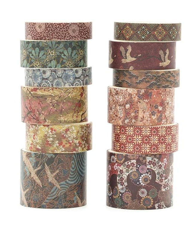 Songdao 12 Rolls Kyoto Charm Washi Tape Set Japanese Arts Adhesive Tapes Geometric Garden Decorative Masking Tape Sets for Craft, Kids, Scrapbook, DIY, Gift Wrapping (Crimson Fields)