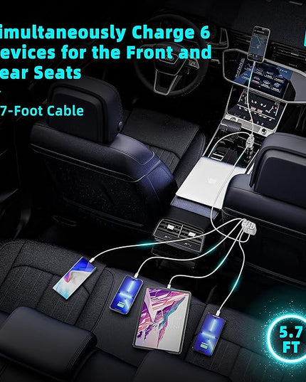 6-Port USB-C Car Charger, 123W Fast, PD 45W Compatible with iPhone16/Galaxy/Samsung S24, Cigarette Lighter Adapter with 5.7FT Cable for Rear Seat Charging (White)