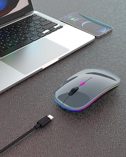 Wireless Bluetooth Mouse Rechargeable Laptop Mice with LED Use Portable(BT5.2 and USB 2.4G) Dual Mode Connection Silent Slim Computer Mouse for Laptop/iPad Tablet/Apple MacBook/PC(Grey)