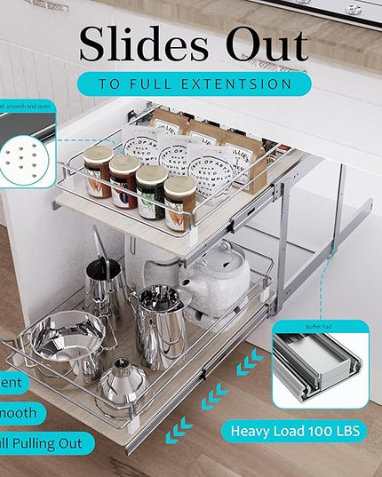 2 Tier Pull Out Cabinet Organizer 18" W X 22" D, Slide Out Drawers For Kitchen Cabinets, Pull Out Drawers For Cabinets Capacity Heavy Duty Caddy, Cabinet Pullout Shelves Wood Chrome, Pantry Storage