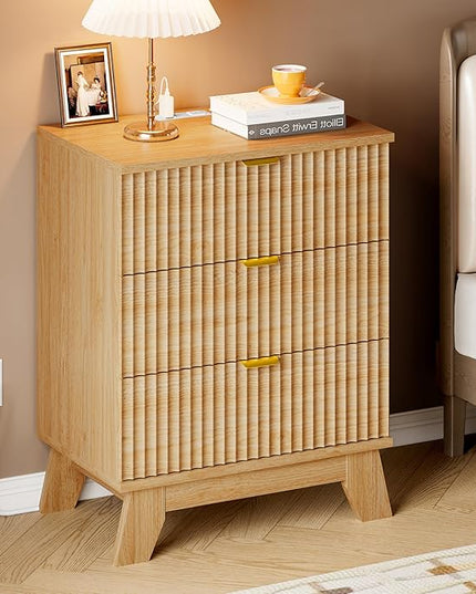 BORNOON 30.5" Nightstand with Charging Station, 3-Drawer Fluted Bedroom Chest, Wood Bedside Dresser with Power Outlets and USB Ports, Metal Slides, Stable Base, Modern Storage Cabinet for Small Spaces
