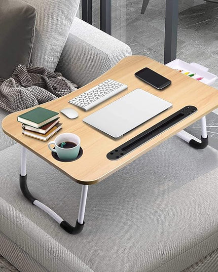 Slendor Lap Desk with Tablet Slot, Foldable Laptop Table with Storage Drawer for Bed，Portable Bed Desk for Laptop, Computer Tray with Cup Holder Notebook Stand Reading Holder for Couch Floor, Walnut