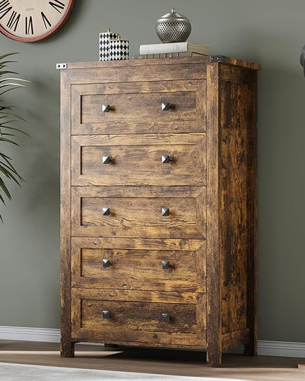 BORNOON Tall 5-Drawer Dresser, Modern Wooden Storage Chest of Drawers, Dresser TV Stand, Wood Drawer Organizer with Metal Handles for Bedroom, Living Room, Hallway