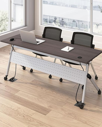 Bush Business Furniture Folding Training Table Set for 2, 72 inch Desk with Powered Grommets and 2 Chairs, Commercial-Grade Bundle for Office or Classroom, Envision Collection, Gray