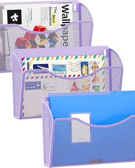 EasyPAG 3 Single Pocket Wall File Organizer, Mesh Hanging File Folder Organizer for Letter/A4 Size Folders, Wall Mounted Vertical Mail Holder for Paperwork, Office, Home, School, Purple