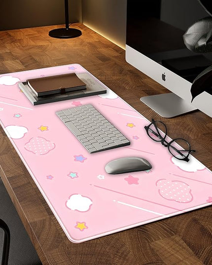 Pink Mouse Pad Large Desk Mat Gaming, Kawaii Desk Pads Stars Mouse Mat XXL Cute Keyboard Pad, Laptop Computer Mat with Non-Slip Base & Stitched Edges, Office Decor for Women 31.5" x 15.7"
